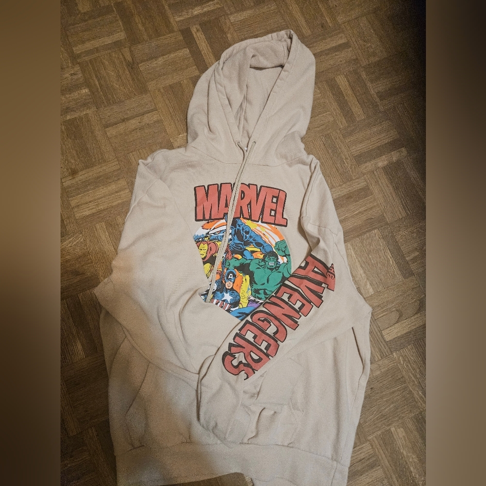 Marvel Beige Graphic Hoodie with Multicolor Avengers Art Xl